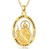 wholesale 14k Gold Saint Jude Thaddeus Oval Pendant With Cz Stones And Prayer Message-San Judas Necklace