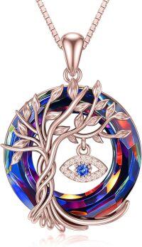wholesale  Sterling Silver Evil Eye Necklace with Crystal Tree of Life Pendant -Evil Eye-Volcano Crystal-Rose Gold