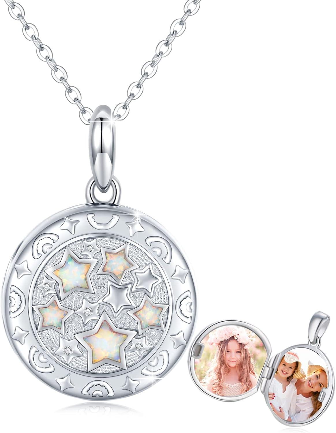 Sterling Silver Opal Star Locket Necklace for Women Picture Holder Jewelry Gift-0-0