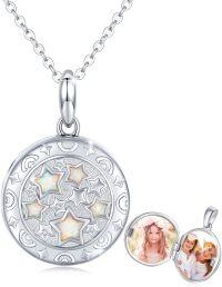 wholesale 925 Sterling Silver Round Opal Photo Frame Pendant Necklace with Stars and Moon Design - Picture Holder s for Women-A-Star Locket Necklace