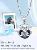 TOUPOP S925 Sterling Silver Black Freshwater Pearl Graduation Owl Pendant Necklace-0-2