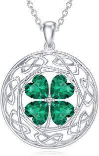 wholesale 925 Sterling Silver Celtic Knot Green Crystal Shamrock Pendant Necklace Luck Charm Jewelry for Women Girls Gifts 4-Leaf Clover Necklaces Irish Style Accessories-Celtic Clover