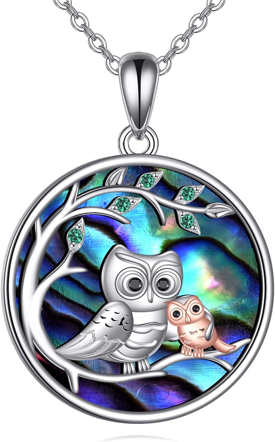 Sterling Silver Abalone Shell Blue Crystal Owl Necklace Pendant for Women Mum-Owl-Abalone Shell