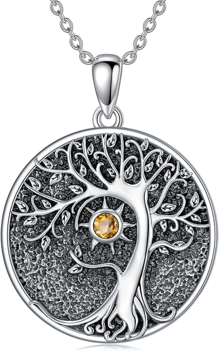 Sterling Silver Birthstone Tree of Life Sun Pendant Necklace for Women-Citrine