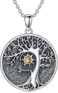 wholesale Sterling Silver Birthstone Tree of Life Sun Pendant Necklace for Women-Citrine
