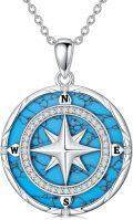 wholesale 925 Sterling Silver Blue Turquoise & Cubic Zirconia Compass Pendant Necklace for Women Girls Gifts Vintage Bohemian Style Jewelry 45cm Chain Length-0-6