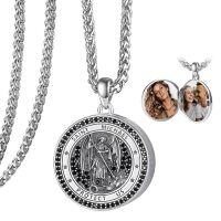 wholesale 925 Sterling Silver Saint Michael Photo Locket Pendant Necklace With Black Crystals Wheat Chain-A-St Michael Locket-Customized-A-St Michael Locket-Customized