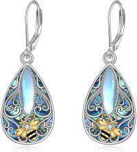 wholesale 925 Sterling Silver Blue Abalone Shell Bee Filigree Teardrop Dangle Leverback Earrings-Bee
