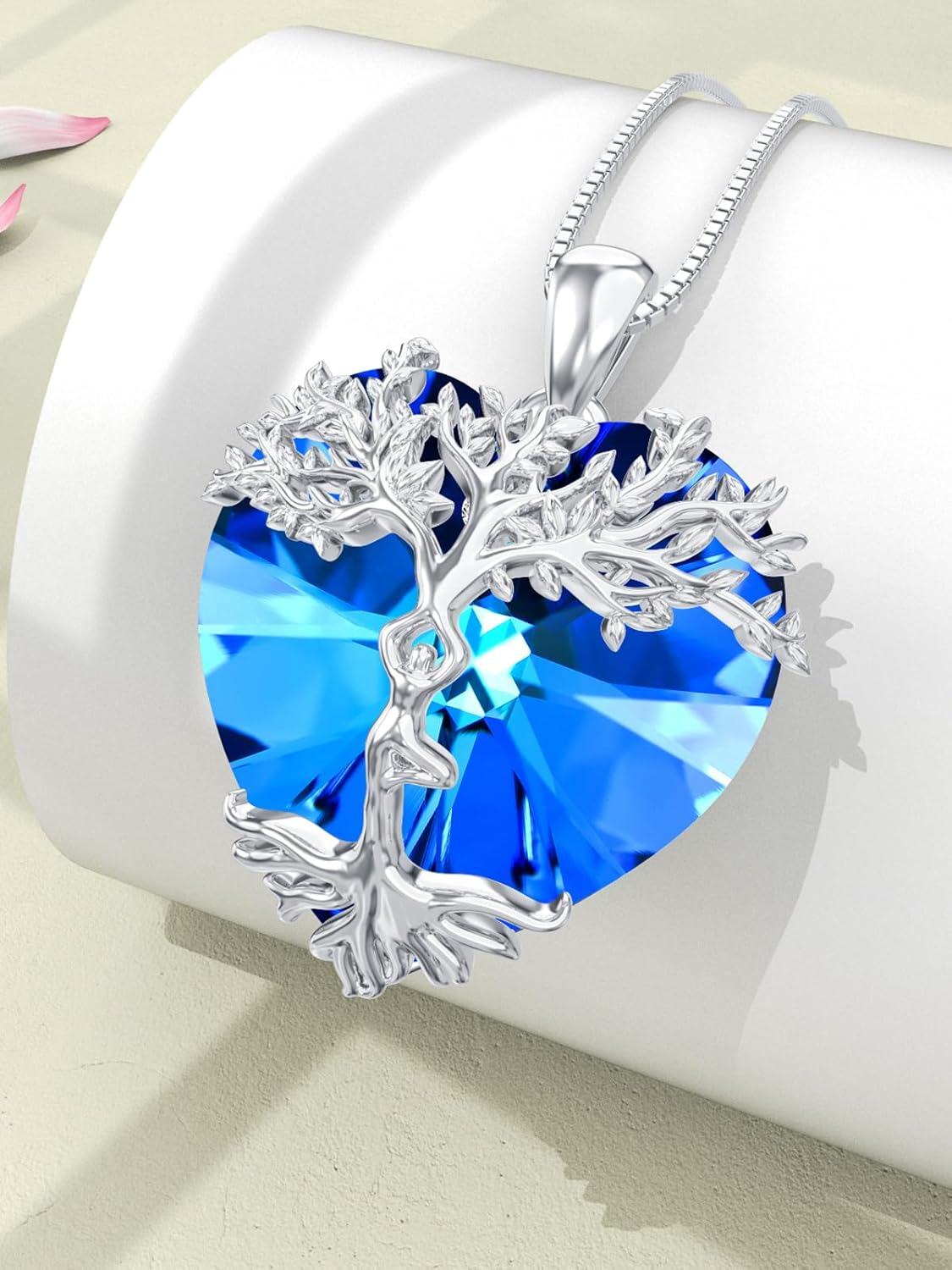wholesale 925 Sterling Silver Blue Crystal Heart Tree of Life Pendant Necklace s for Women Girls-0-5