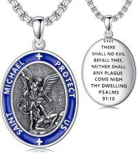 wholesale 925 Sterling Silver &  St Michael's Guardian Angel Medal Pendant with Blue Enamel and Psalm 91:10 Inscription - Catholic Protection  for Men/Women-A-St Michael Necklace Blue
