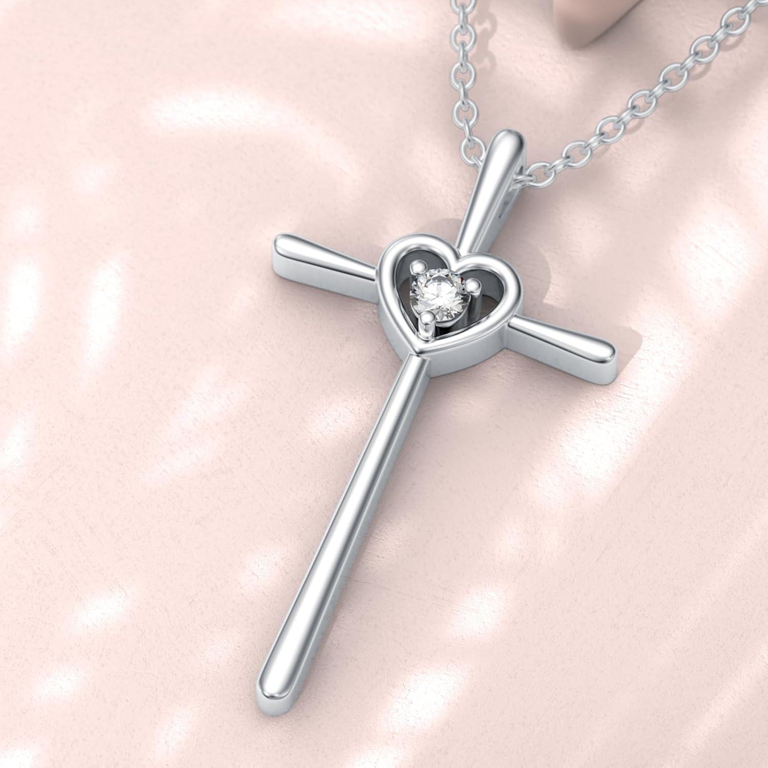 925 Sterling Silver Heart-Shaped Diamond Cross Pendant Necklace for Women-0-2