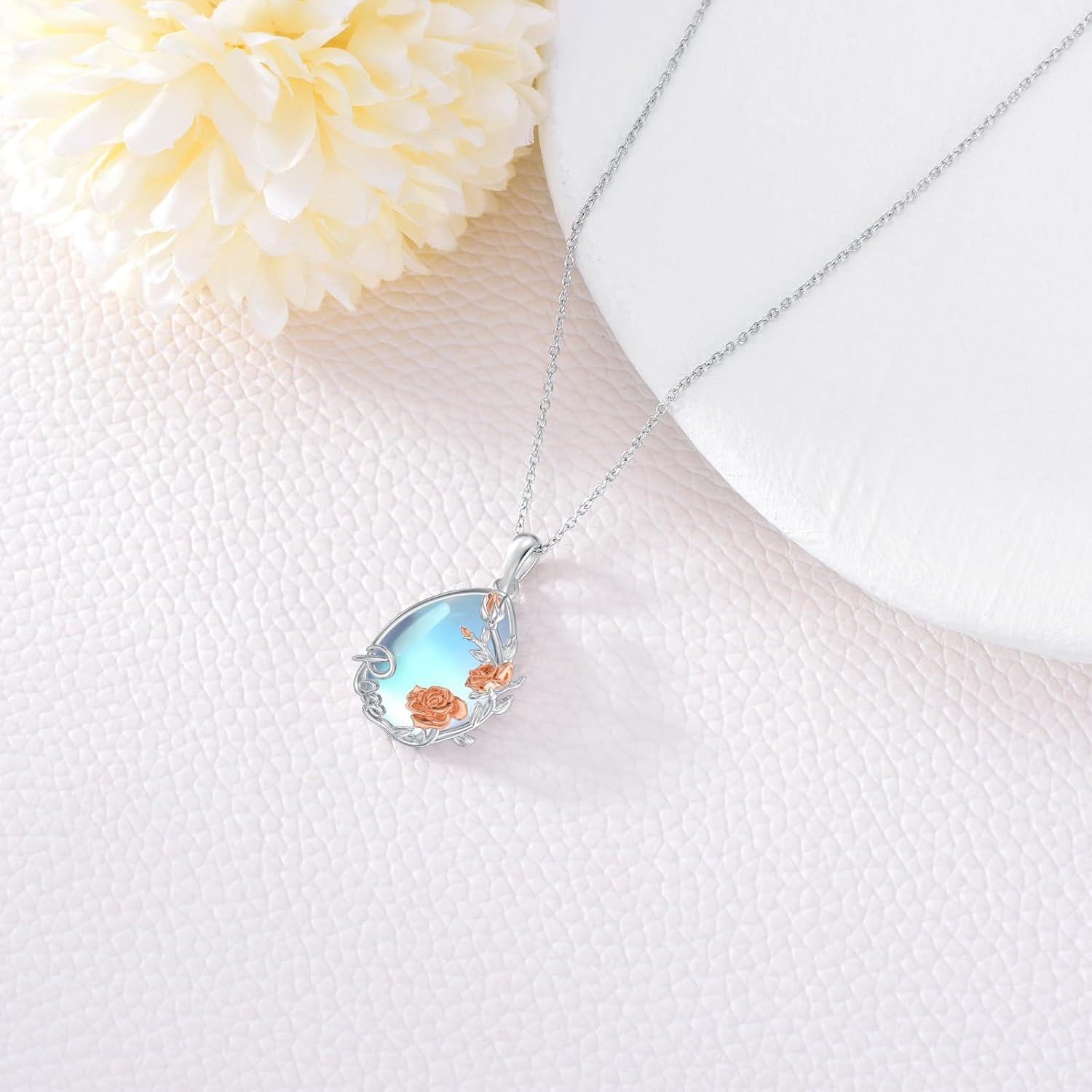 925 Sterling Silver Blue Agate Floral Pendant Necklaces for Women - Rose & Lily Design-0-2