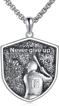 wholesale 925 Sterling Silver Baseball Player Pendant Necklace with Never Give Up Motivational Message and Customizable Name & Number - Sports s for Men/Women-Silver