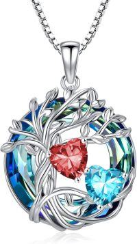 wholesale 18K White Gold Filled Sterling Silver Family Tree Pendant with 2 Heart Birthstones Blue Austrian Crystal Necklace for Women-01-03-Jan-Mar Birthstone