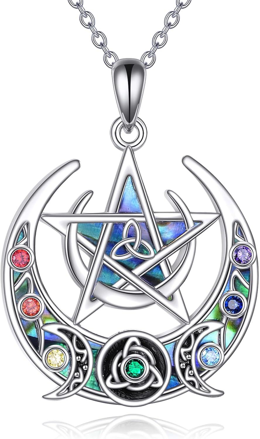 925 Sterling Silver Rainbow Moonstone Celtic Knot Pentagram Pendant Necklace for Women Girls-0-0