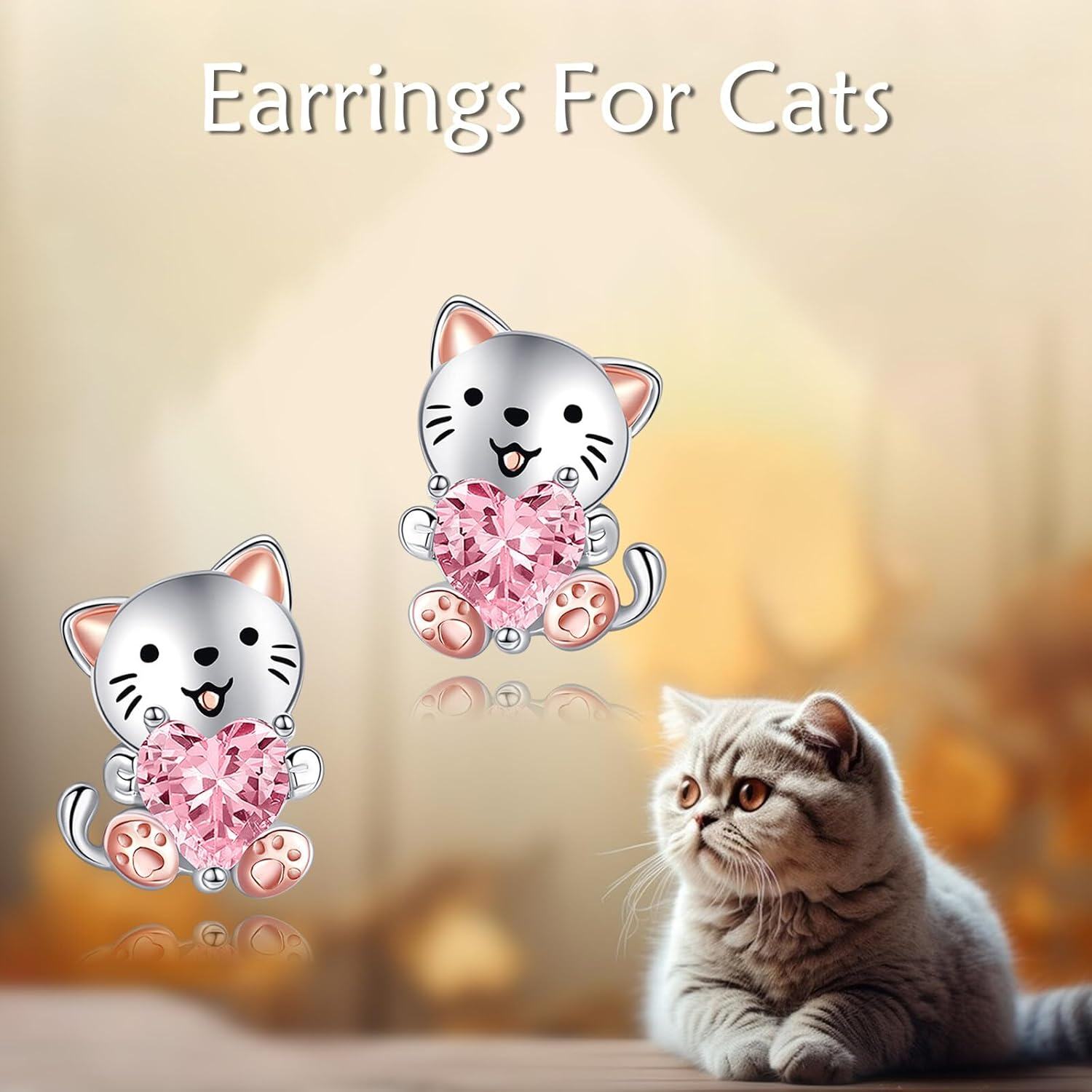 925 Sterling Silver Pink Heart Cat Stud Earrings Adorable Kitty Jewelry for Girls and Women-0-1