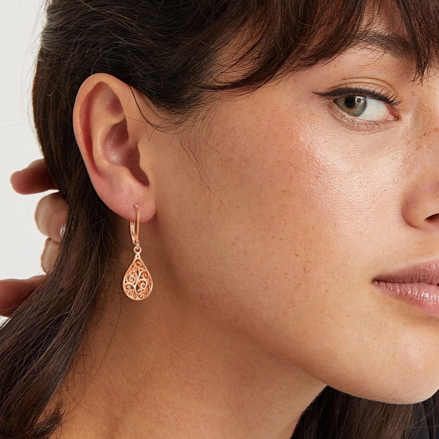 Rose Gold Filigree Teardrop Leverback Drop Earrings-0-1