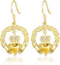 wholesale 18K Gold Plated 925 Sterling Silver Claddagh Birthstone Earrings for Women Irish Celtic Jewelry Gifts-11-November-Lab Created Citrine