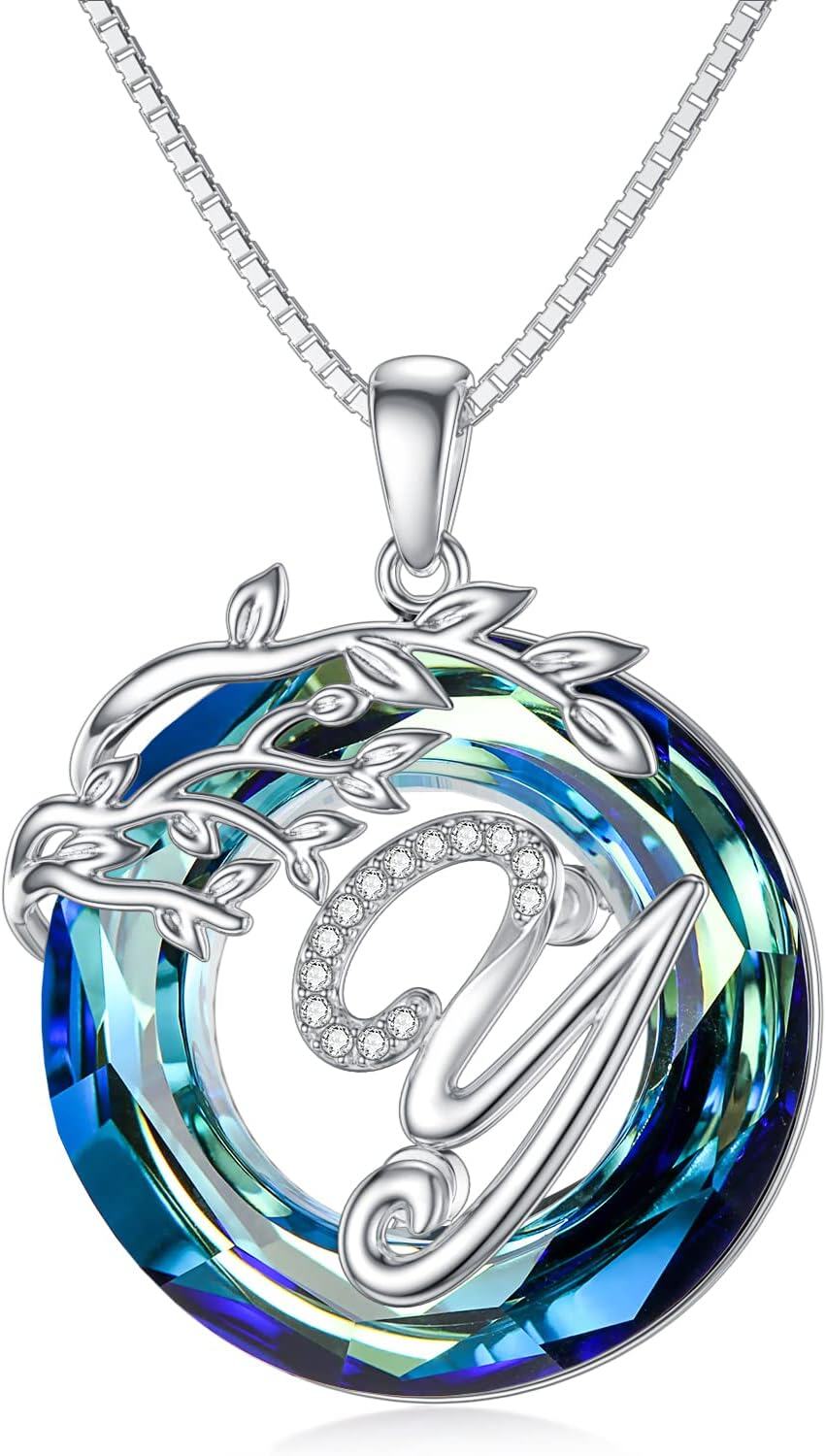 Sterling Silver Blue Crystal Tree of Life A Z Letter Pendant Necklace-Alphabet Y