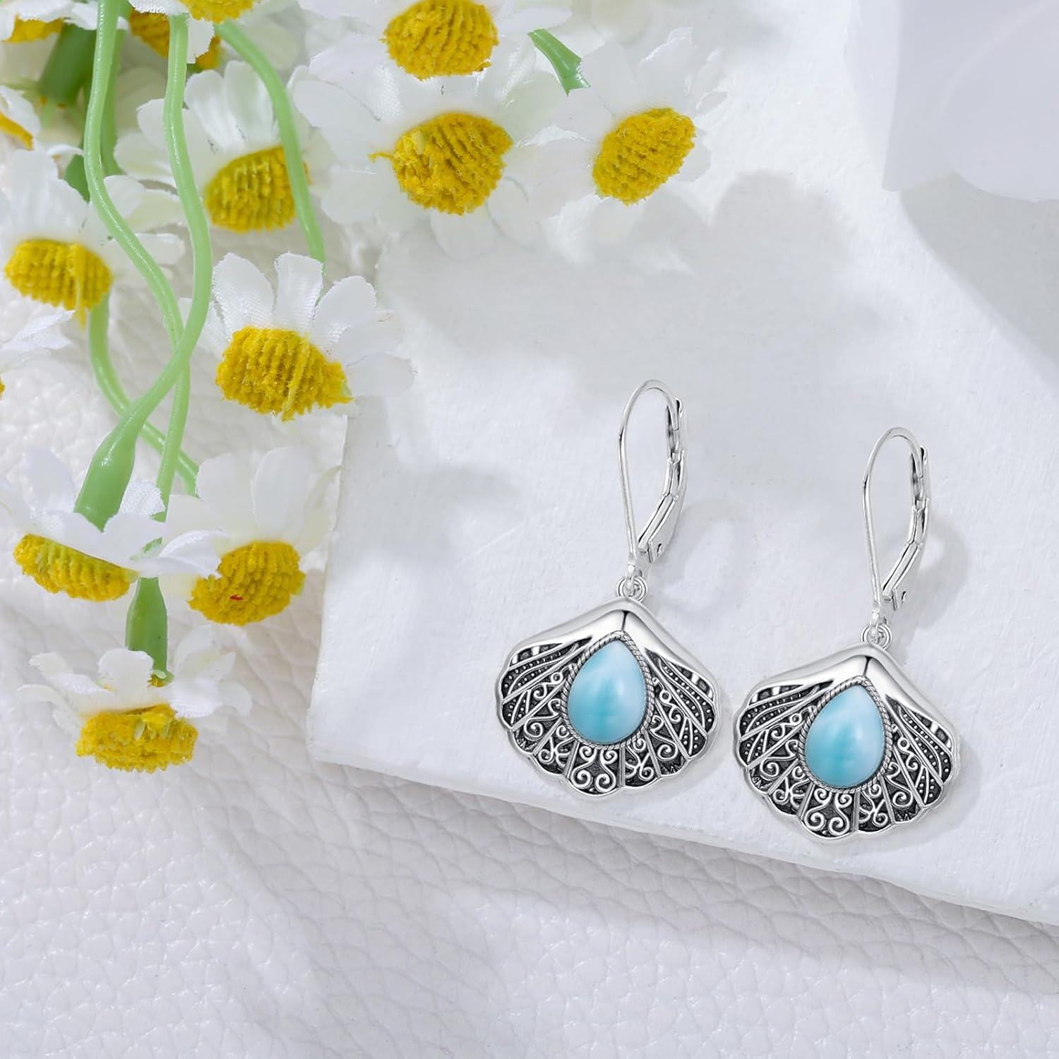 925 Sterling Silver Larimar Shell Drop Earrings-0-3