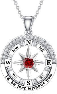 wholesale Sterling Silver Compass Birthstone Necklace  I d Be Lost Without You Pendant Jewelry for Women-Dark Red