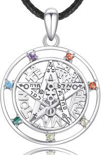 wholesale 925 Sterling Silver Rainbow Crystal Chakra Pentagram Pendant Necklaces for Women and Men-Sliver with Little Black Accents