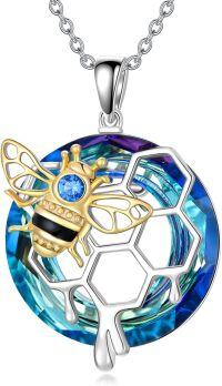 wholesale 925 Sterling Silver Blue Crystal Honeycomb Bee Pendant Necklaces for Women Gifts-Bee-Blue