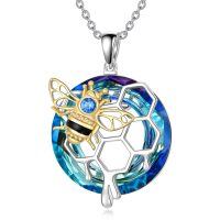 wholesale 925 Sterling Silver Bee Honeycomb Necklace With Blue Crystal Charm-Bee-Blue