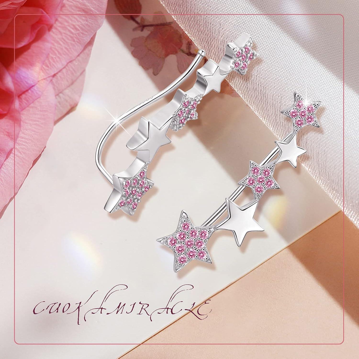 925 Sterling Silver Pink CZ Star Climber Ear Cuffs-0-5