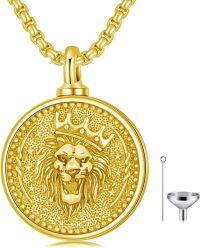wholesale 925 Sterling Silver Round Lion Head Cremation Ashes Keepsake Pendant Necklace with Funnel and Fill Tool - Personalized Engraving Available-Gold Plated