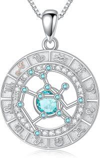 wholesale Sterling Silver White Gold Plated Zodiac Necklace with Birthstone for Women-Sagittarius&Turquoise&11.22-12.21