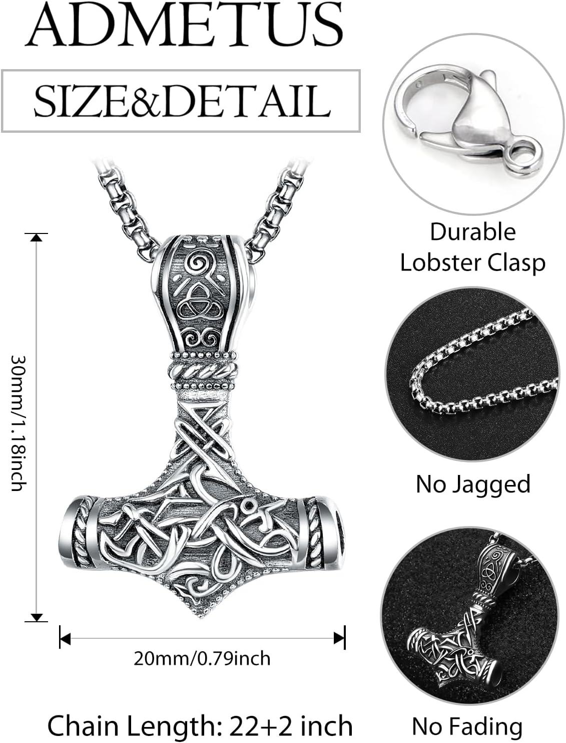 925 Sterling Silver Viking Mjolnir Hammer Pendant Necklace with 28 Rolo Chain for Men-0-1