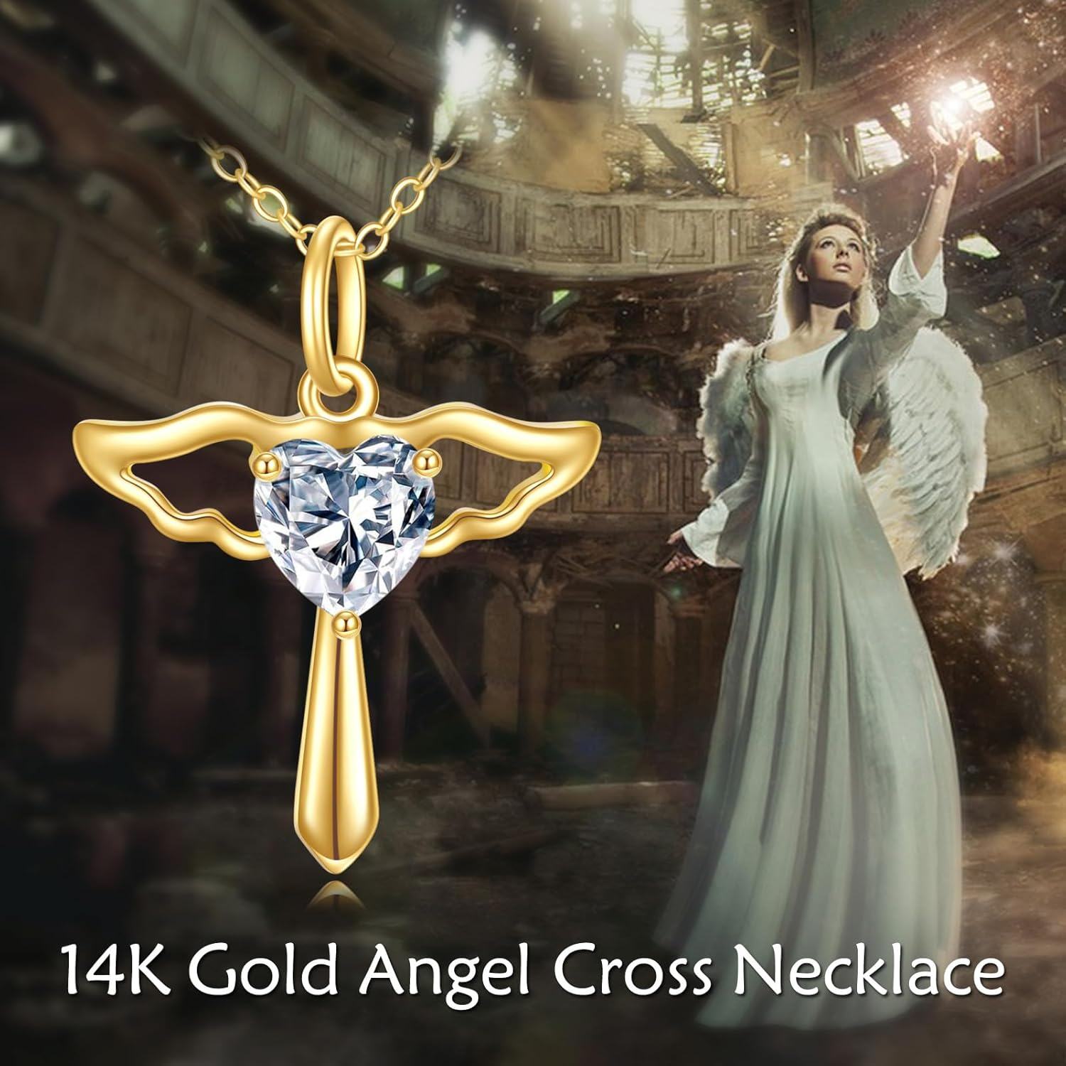 wholesale 14K Gold Angel Wings Heart Shaped Crystal Pendant Necklace for Women-0-4
