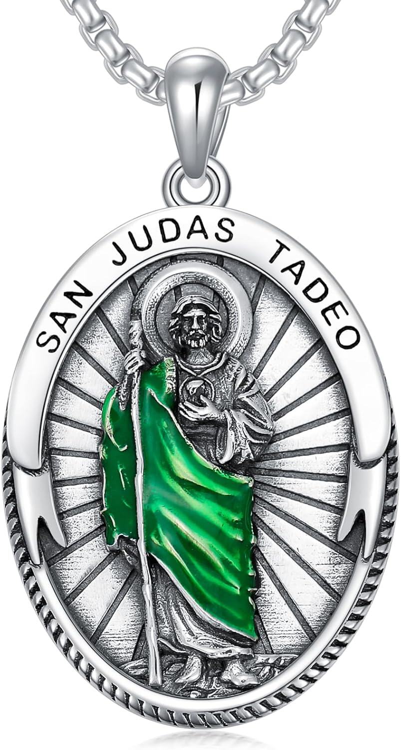 Sterling Silver Oval St Michael St Christopher Medal Archangel Cross Necklace w 22 +2 Chain-D01-St Judas Oval