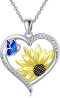 wholesale 925 Sterling Silver Blue Butterfly & Yellow Sunflower Heart Pendant Necklace for Women-0-0