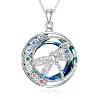 wholesale 925 Sterling Silver Dragonfly Round Rainbow Crystal Pendant Necklace for Women-Dragonfly