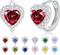 wholesale 925 Sterling Silver Cubic Zirconia 12 Birthstone Heart Huggie Hoop Earrings Valentine Wedding Gifts-07-Jul.