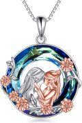 wholesale 925 Sterling Silver Blue Crystal Mother Daughter Pendant Necklace with Rose Gold Flowers and Leaves Design-0-0