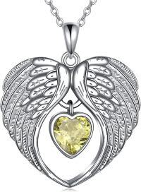 wholesale 925 Sterling Silver Simulated Spinel Angel Wings Heart Crystal Pendant Necklace for Eternal Love Guardian Gift-08August-Spinel