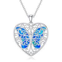 TOUPOP Sterling Silver Opal Butterfly Heart Pendant Necklace For Women-undefined