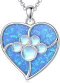 wholesale 925 Sterling Silver Blue Opal Heart with Moonstone Paw Print Pendant Necklace for Women-0-0