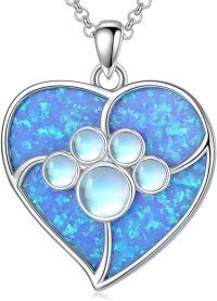 wholesale 925 Sterling Silver Blue Opal Heart with Moonstone Paw Print Pendant Necklace for Women-Paw Print Heart