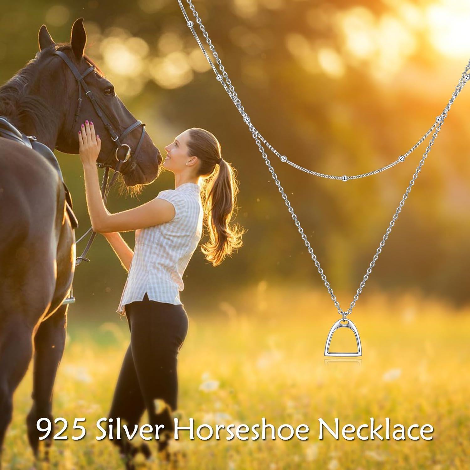 925 Sterling Silver Double Horse Stirrup Pendant Layered Chain Necklace-0-3