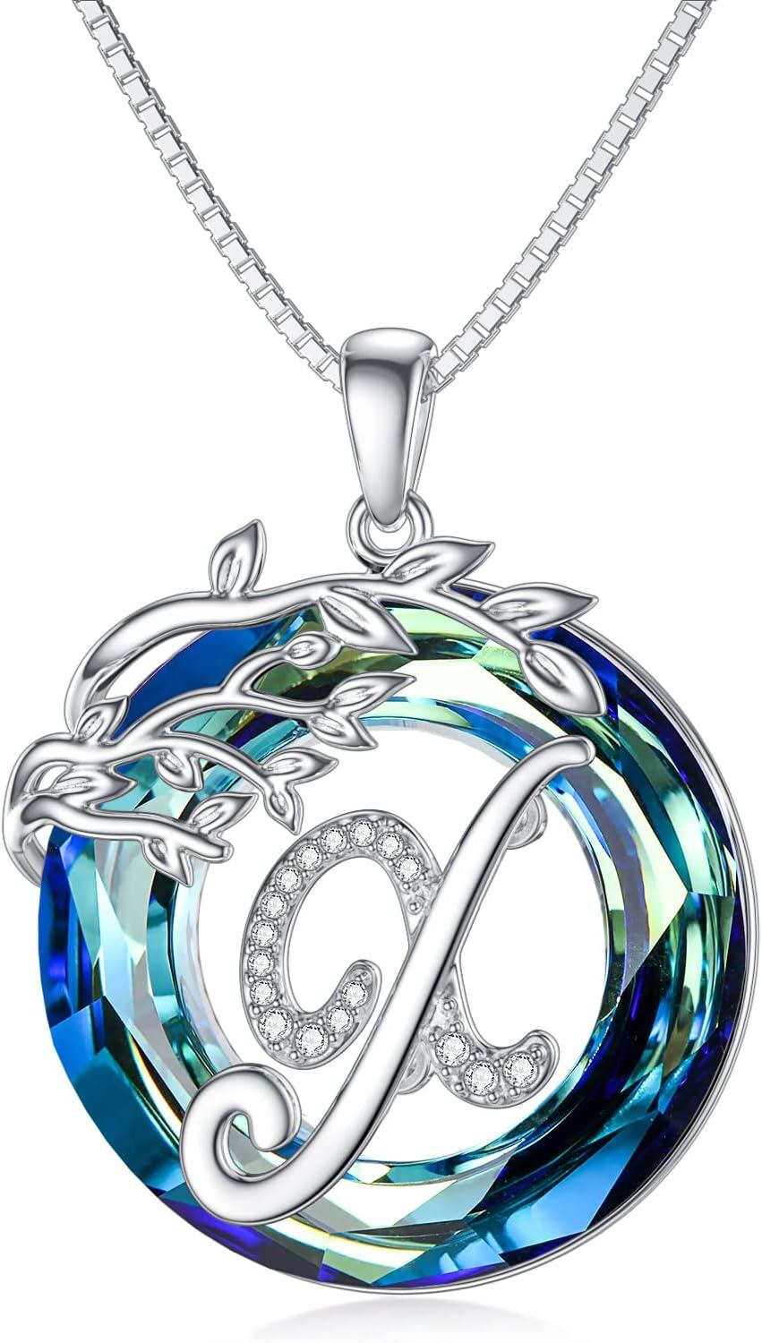 Sterling Silver Blue Crystal Tree of Life A Z Letter Pendant Necklace-0-1