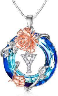 wholesale TOUPOP Sterling Silver Rose Y Initial Letter Pendant Necklace With Blue Circle Crystal For Women -undefined