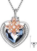 wholesale 925 Sterling Silver Blue Austrian Crystal Heart Pendant with Rose Gold Flower and Chain - Keepsake Jewelry for Ashes-0-0
