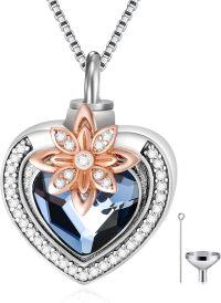 wholesale 925 Sterling Silver Blue Austrian Crystal Heart Pendant with Rose Gold Flower and Chain - Keepsake Jewelry for Ashes-01_Flower Urn Necklace