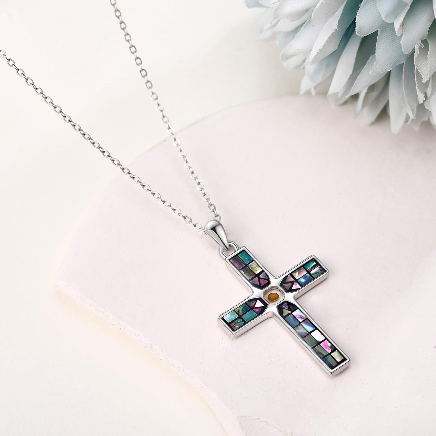 Sterling Silver Opal Cross Necklace Rose Opal Stethoscope Pendant Celtic Faith Jewelry for Women-0-3