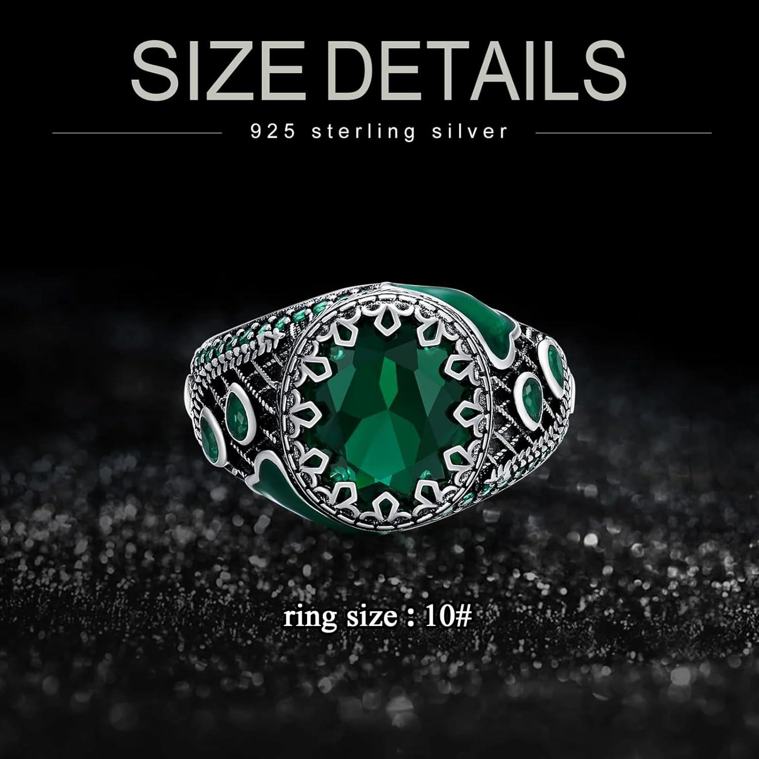 Sterling Silver Emerald Round Ring for Men Vintage Retro Jewelry Gift-0-4