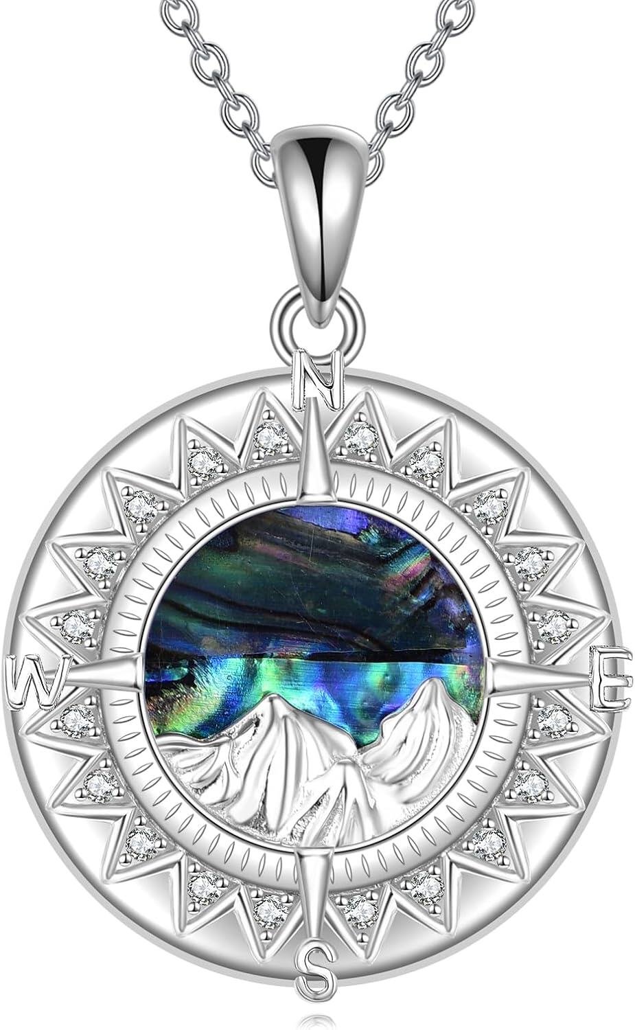 Sterling Silver Opal Abalone Blue Crystal Compass Necklace-Compass-Mountain